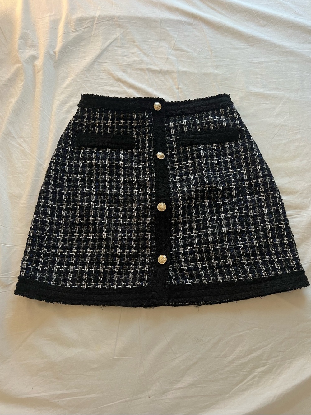 Navy and Black Sparkle Tweed A Line Mini Skirt with Gold Buttons size 6
